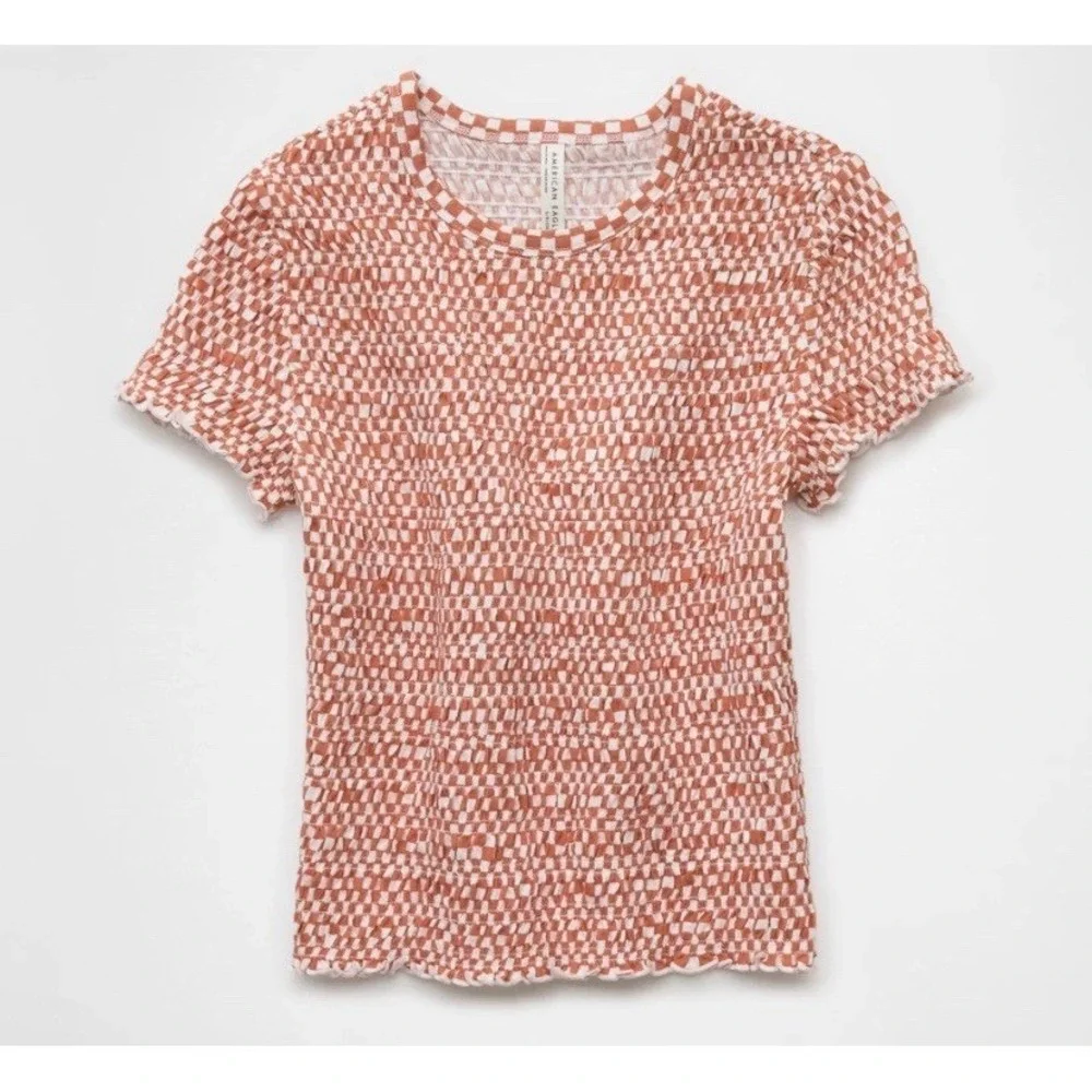NWT American Eagle Smocked Baby Tee Women's Medium NEW Checkered 100% Cotton AE